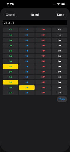 Board card picker in dark mode with 3d, 4c, and 7c selected