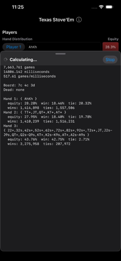 Calculating sheet showing games run, board, and per-hand win and tie percentages