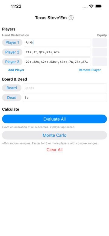 Texas Stove'Em main calculator with player hand ranges and Evaluate All button