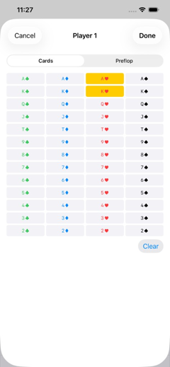 Player card picker with Ah and Kh selected on the Cards tab
