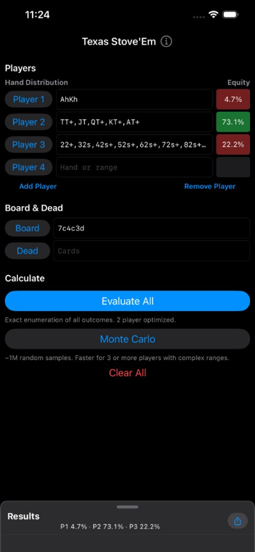 Texas Stove'Em dark mode showing multi-player equity results with green and red percentages