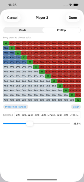 Texas Stove'Em preflop range grid with color-coded hand selections and percentage slider
